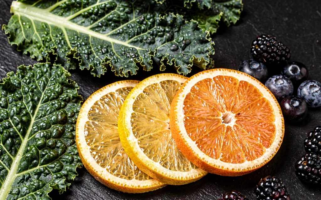 Fresh nutrition components on black stone