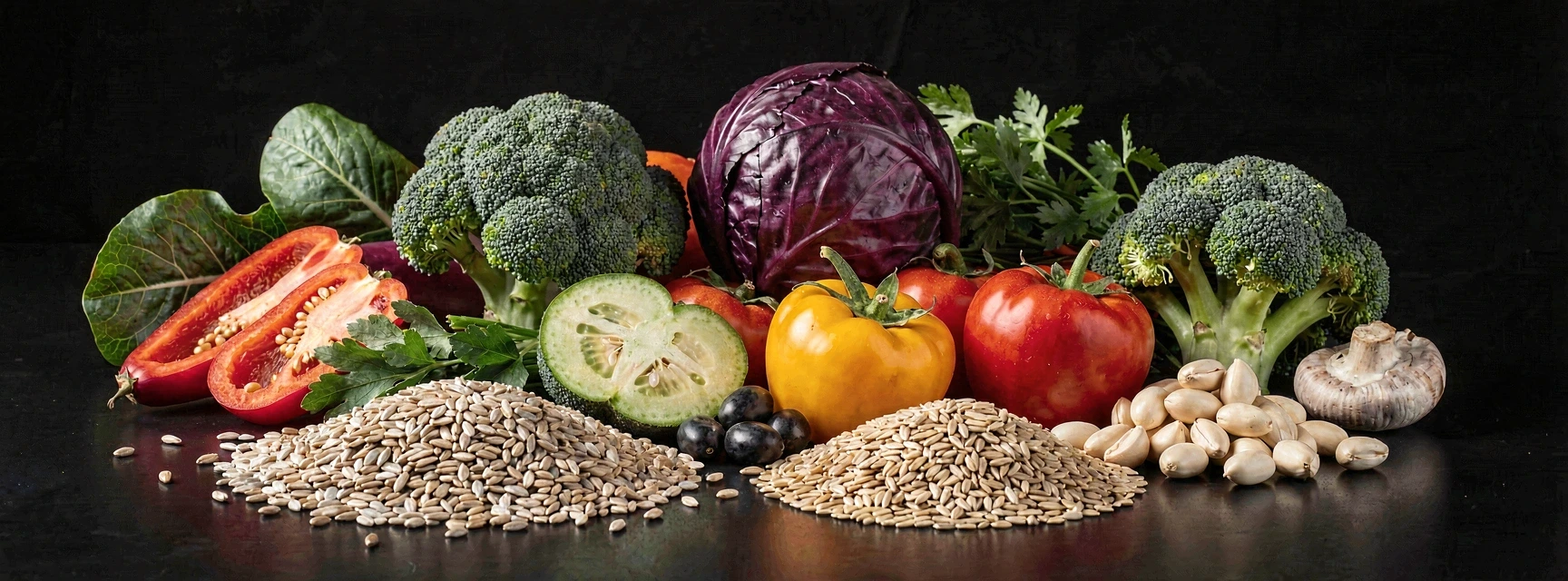 Healthy ingredients on a minimalist dark surface